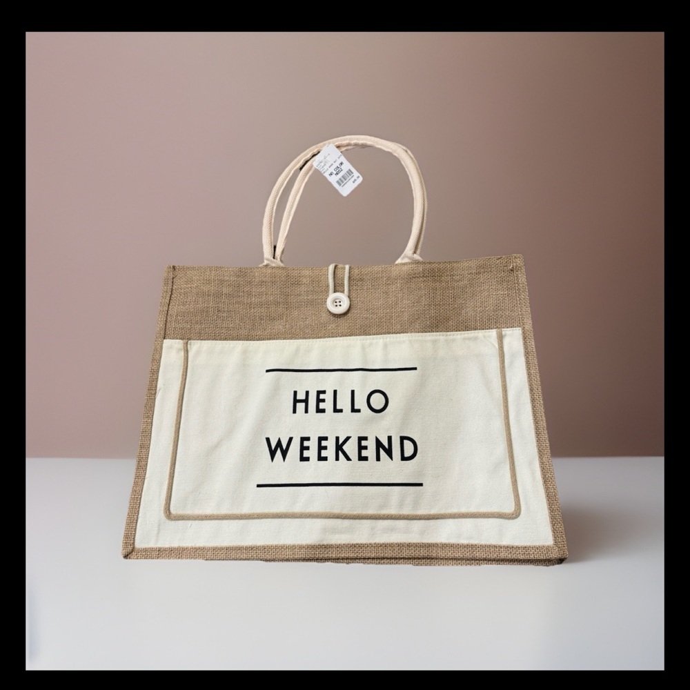 Hello Weekend Jute Ivory Tote Shoulder Bag two handles burlap NEW